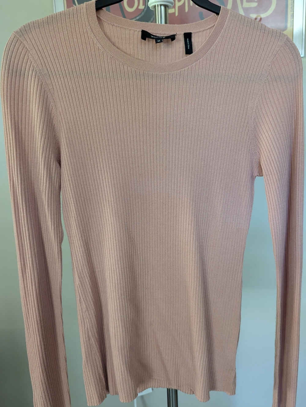 $40 Theory Size M - Mirzi B Refine 100% Merino Wool Ribbed Crewneck Sweater Pink